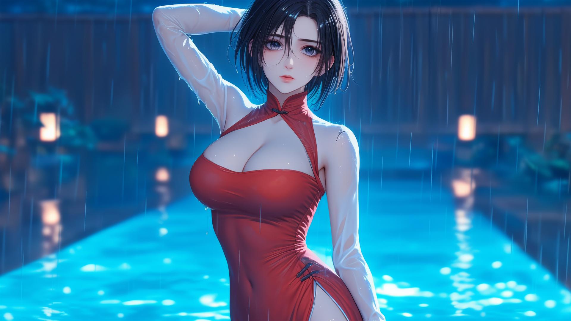 Mikasa Ackerman in a rainy pool under moonlight, dressed in red