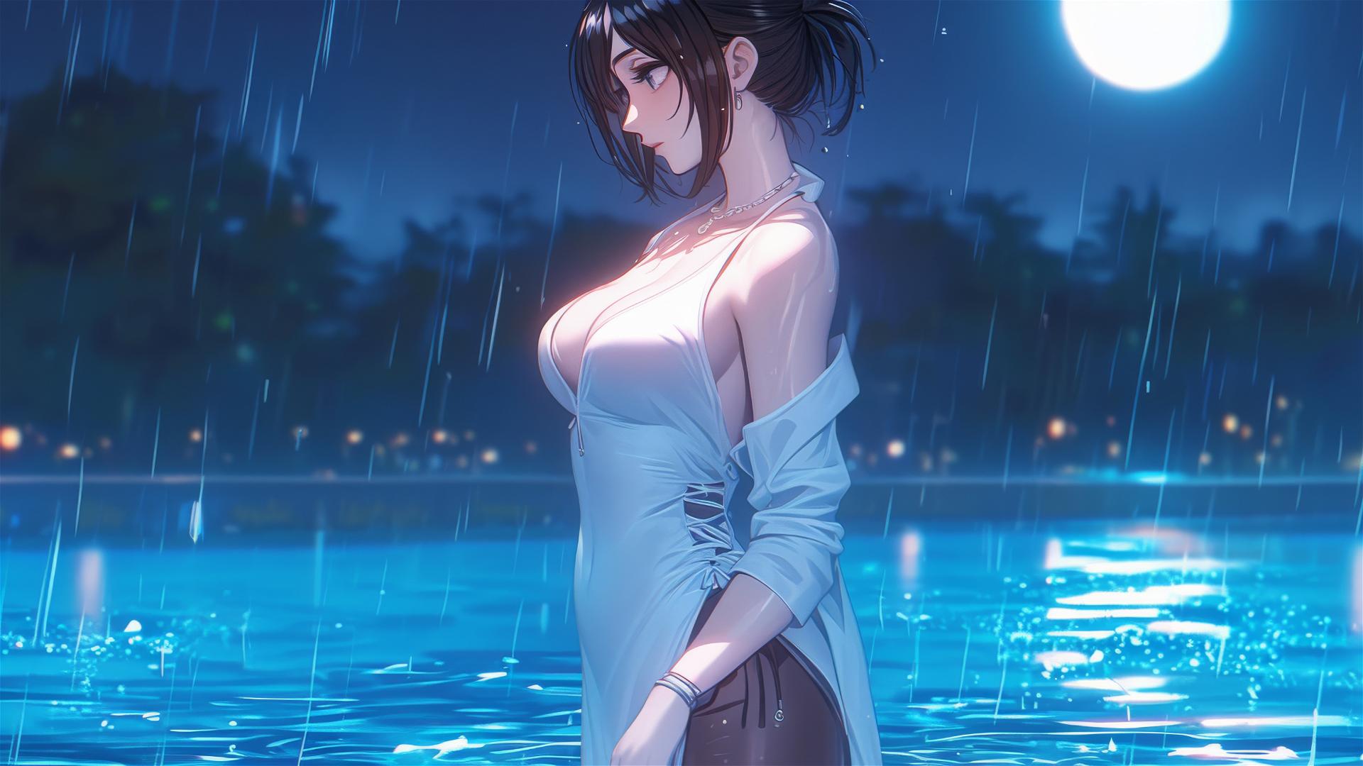 Mikasa Ackerman in pink dress standing in rainy pool under moonlight