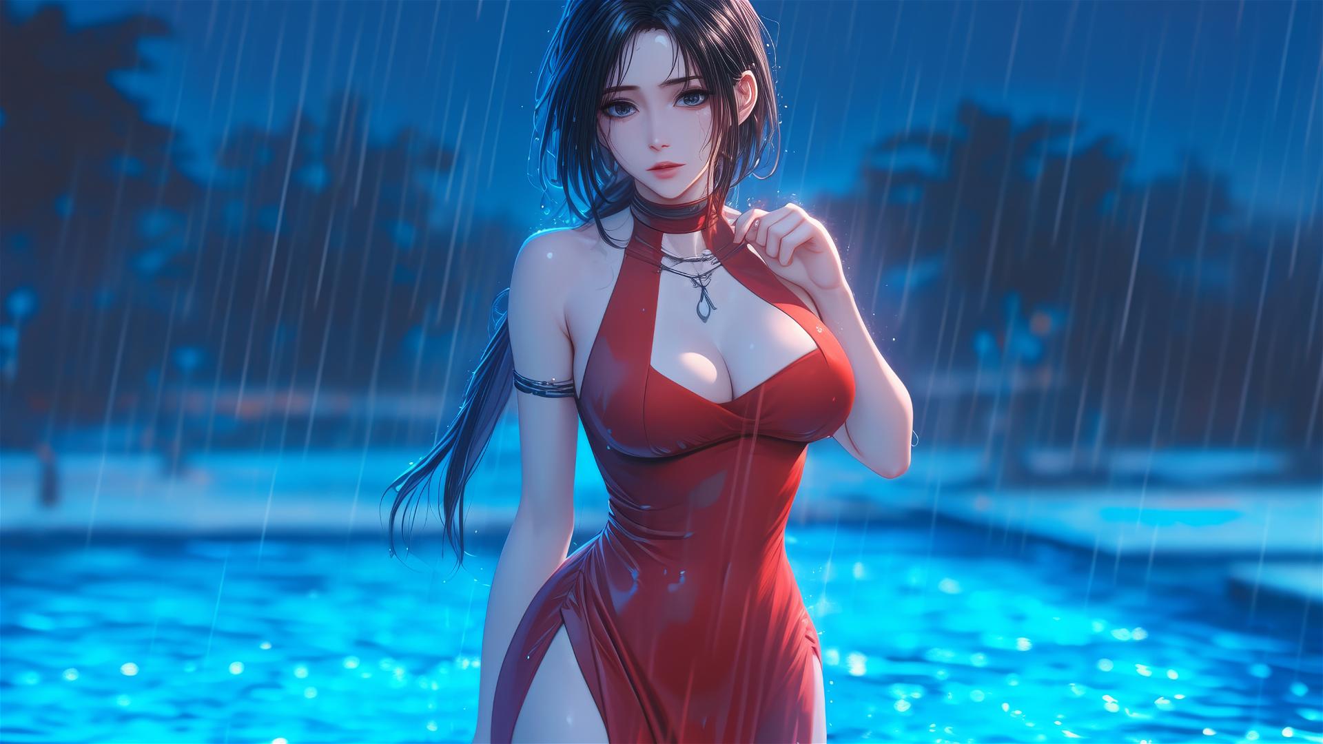 Mikasa Ackerman standing in a rainy pool with moonlight on her in a red dress