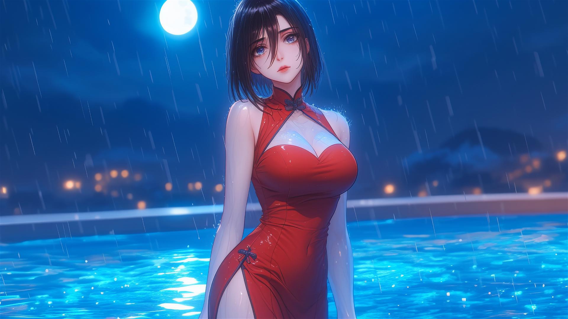 Mikasa Ackerman in rainy pool under moonlight