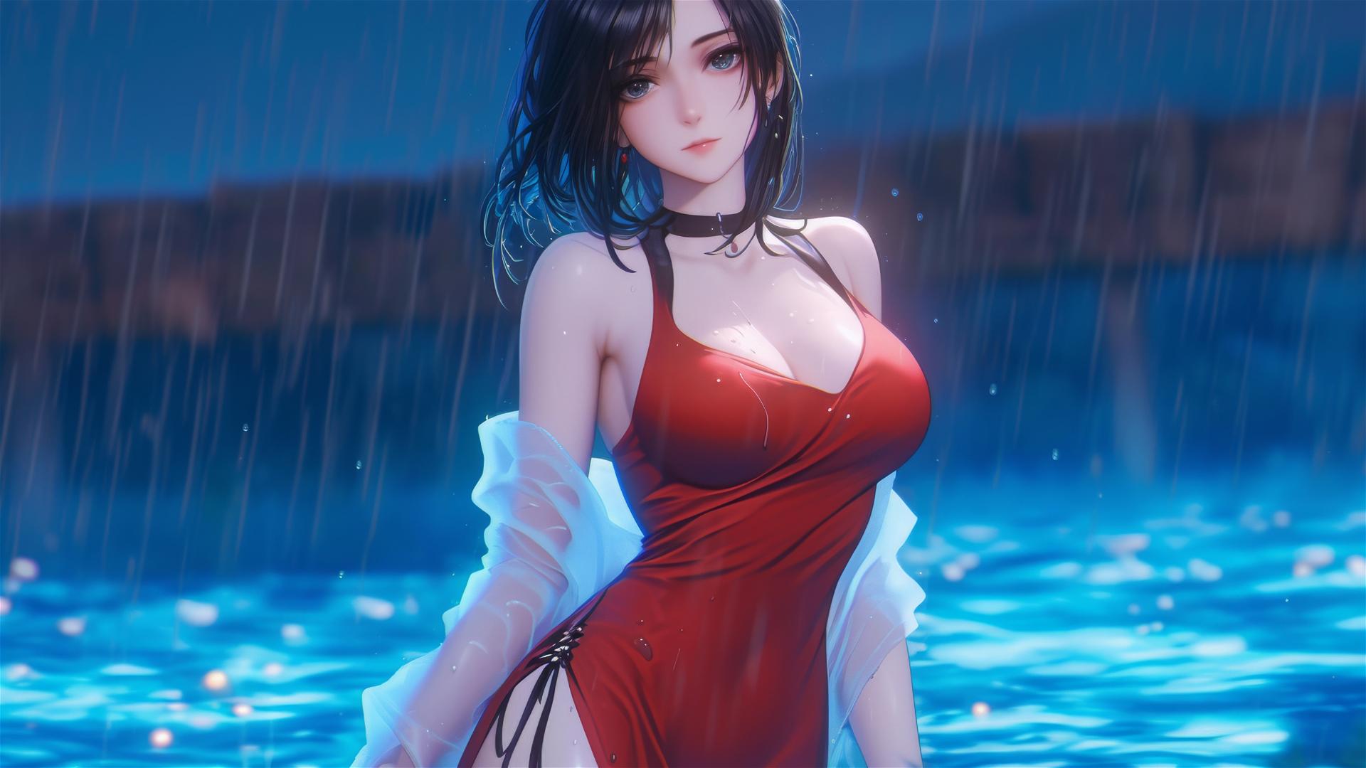 Mikasa Ackerman standing in pool under moonlight, wearing red dress