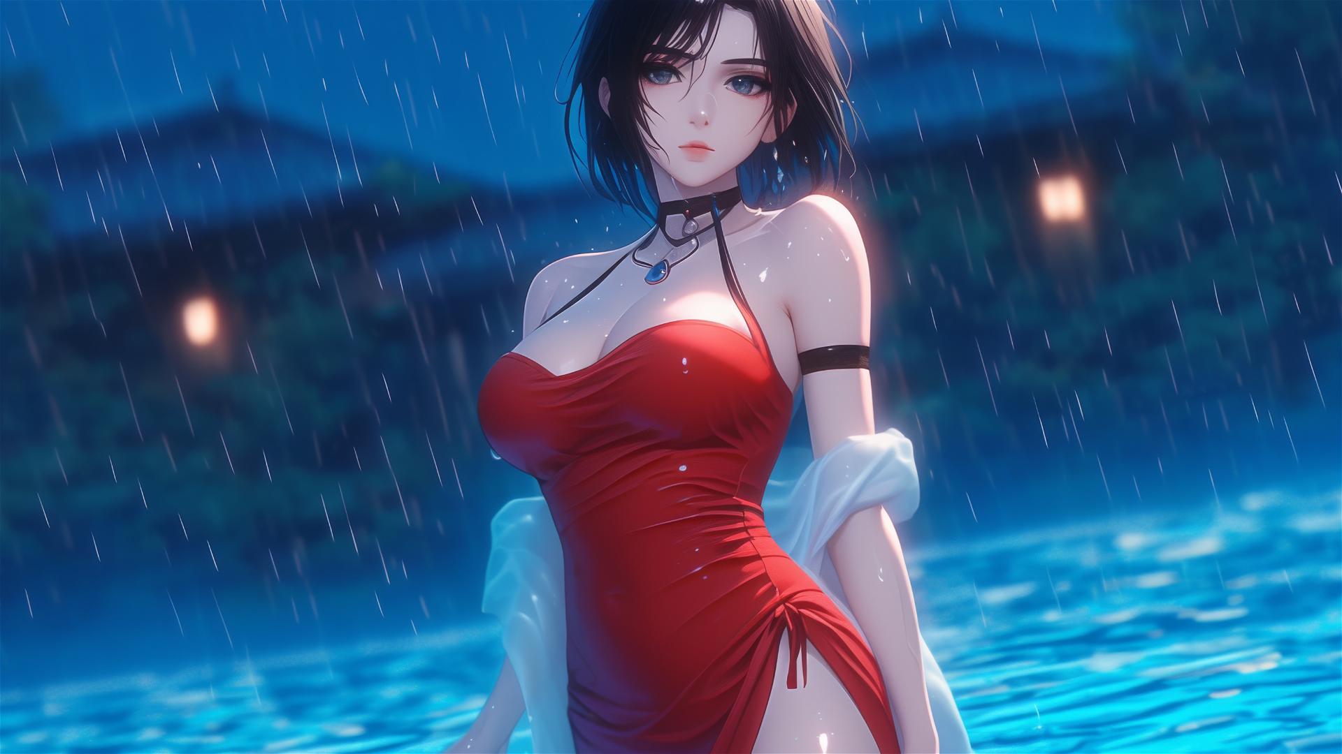 Mikasa Ackerman in red dress standing in rainy pool under moonlight