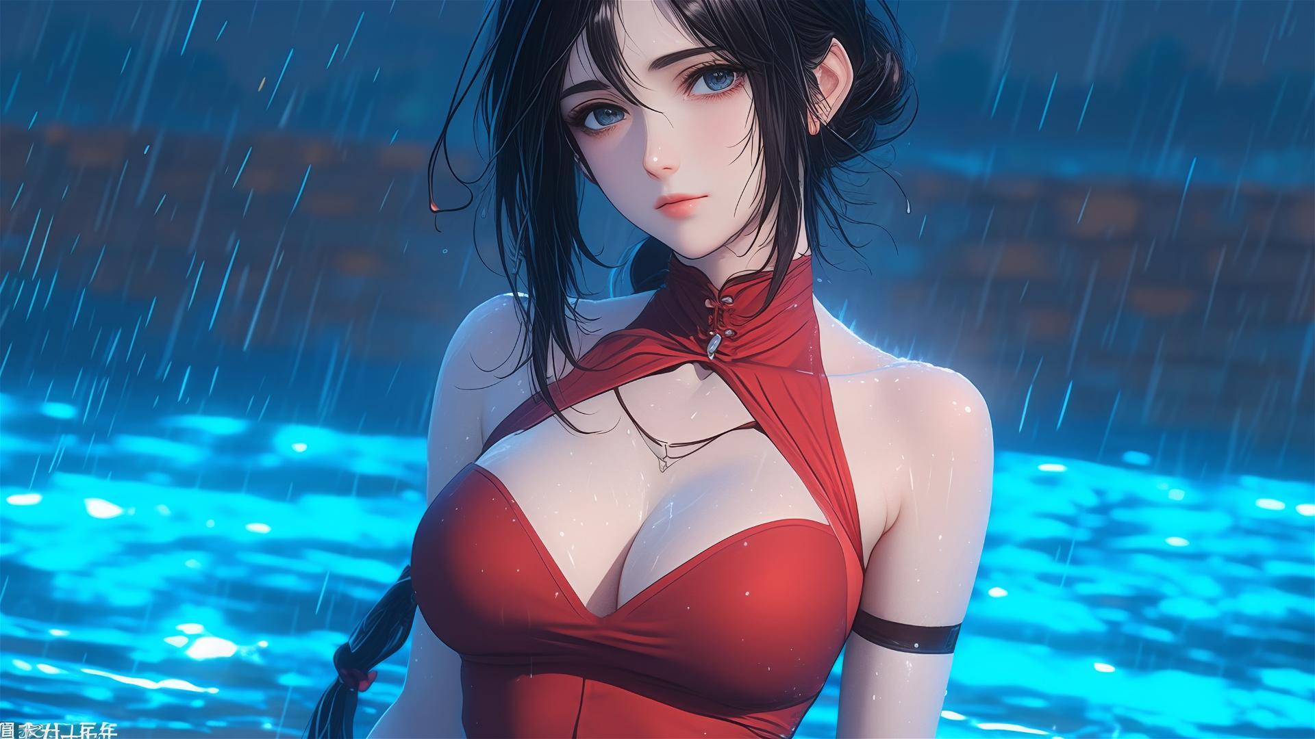 Mikasa Ackerman standing in a rainy pool under moonlight wearing a red dress