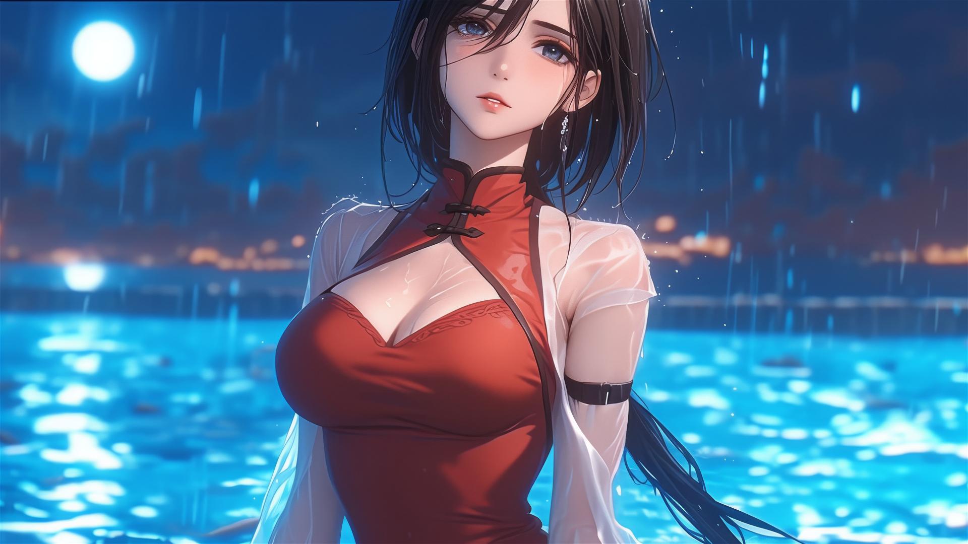 Mikasa Ackerman standing in a pool under moonlight in a red dress