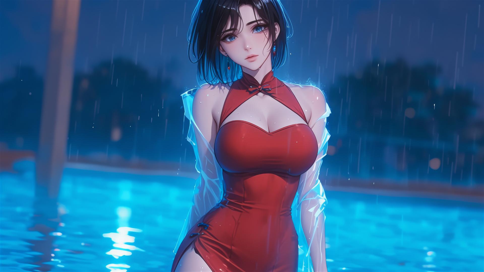 Mikasa Ackerman in red dress under moonlight in a rainy pool