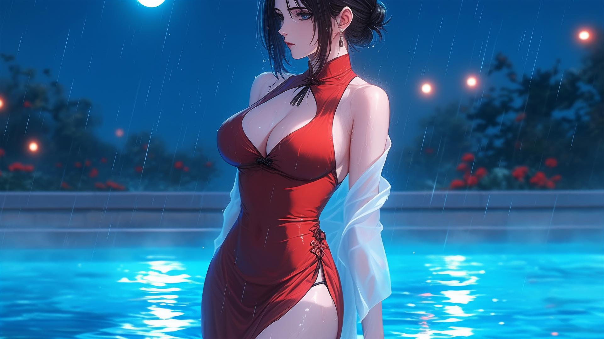 Mikasa Ackerman in red dress standing in a pool at moonlit rain