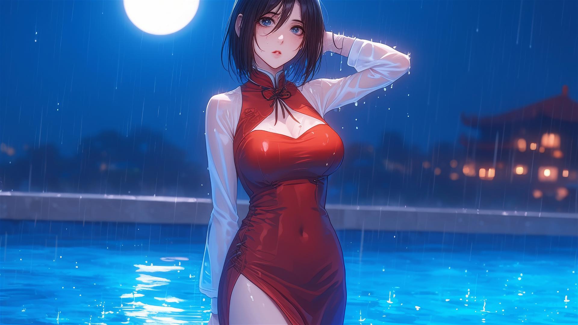 Mikasa Ackerman from Attack on Titan standing in a rainy pool with moonlight glow