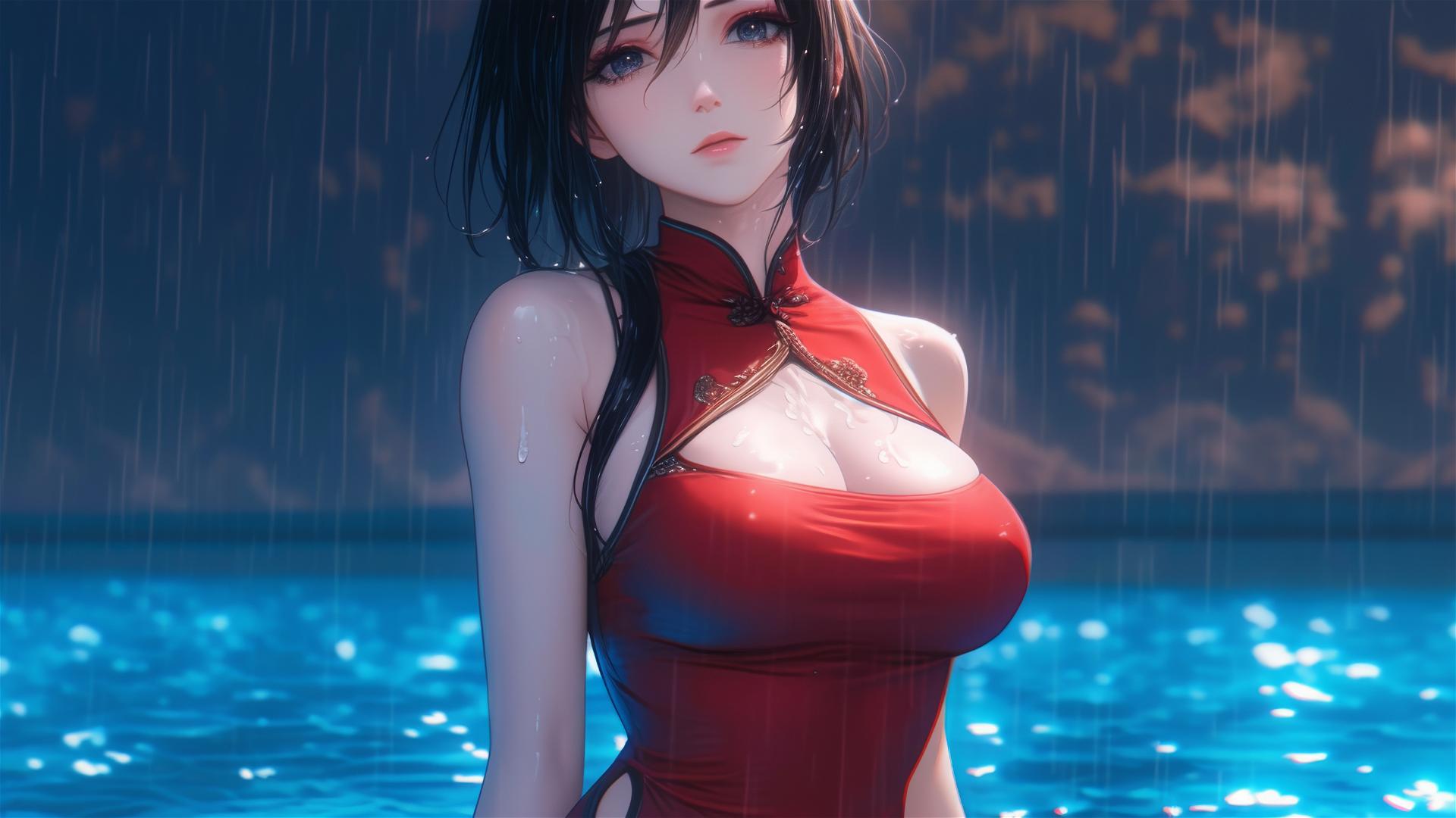 Mikasa Ackerman in red dress standing in a rainy pool with moonlight glow