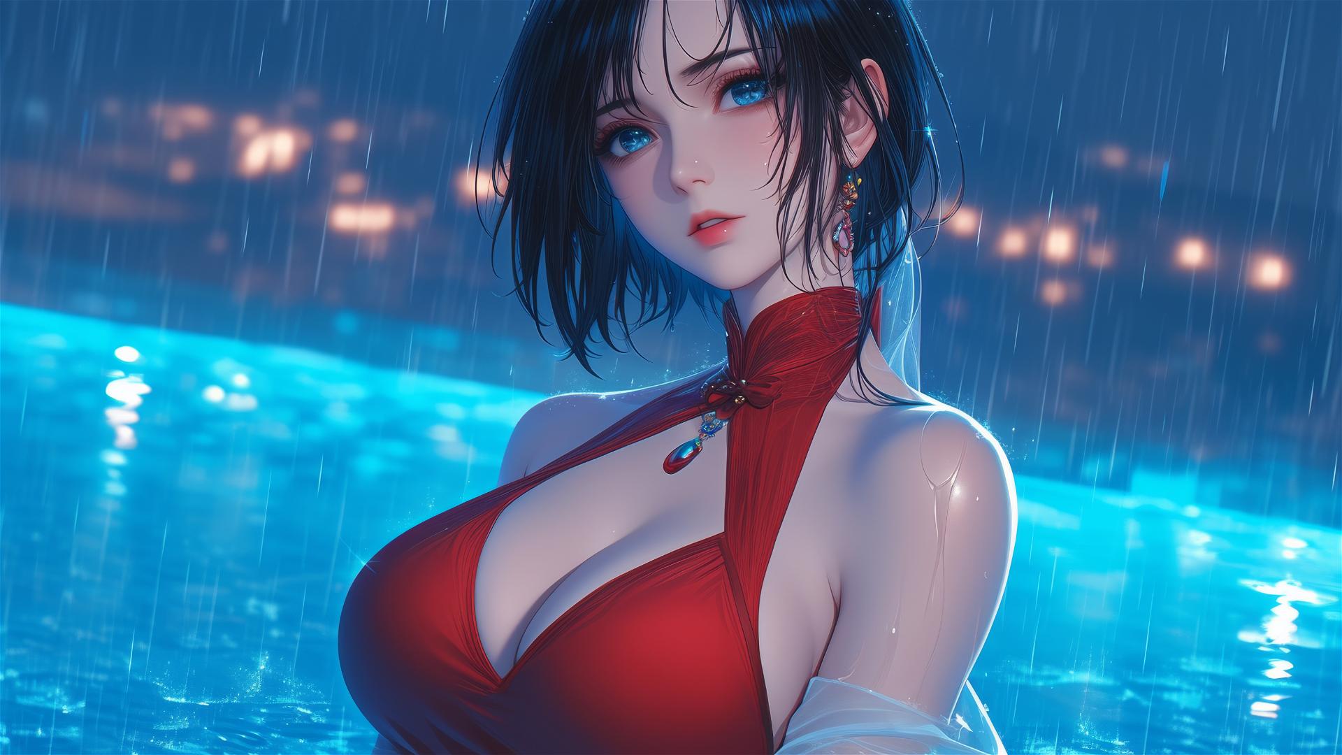Mikasa Ackerman standing in rain-filled pool under moonlight wearing red dress