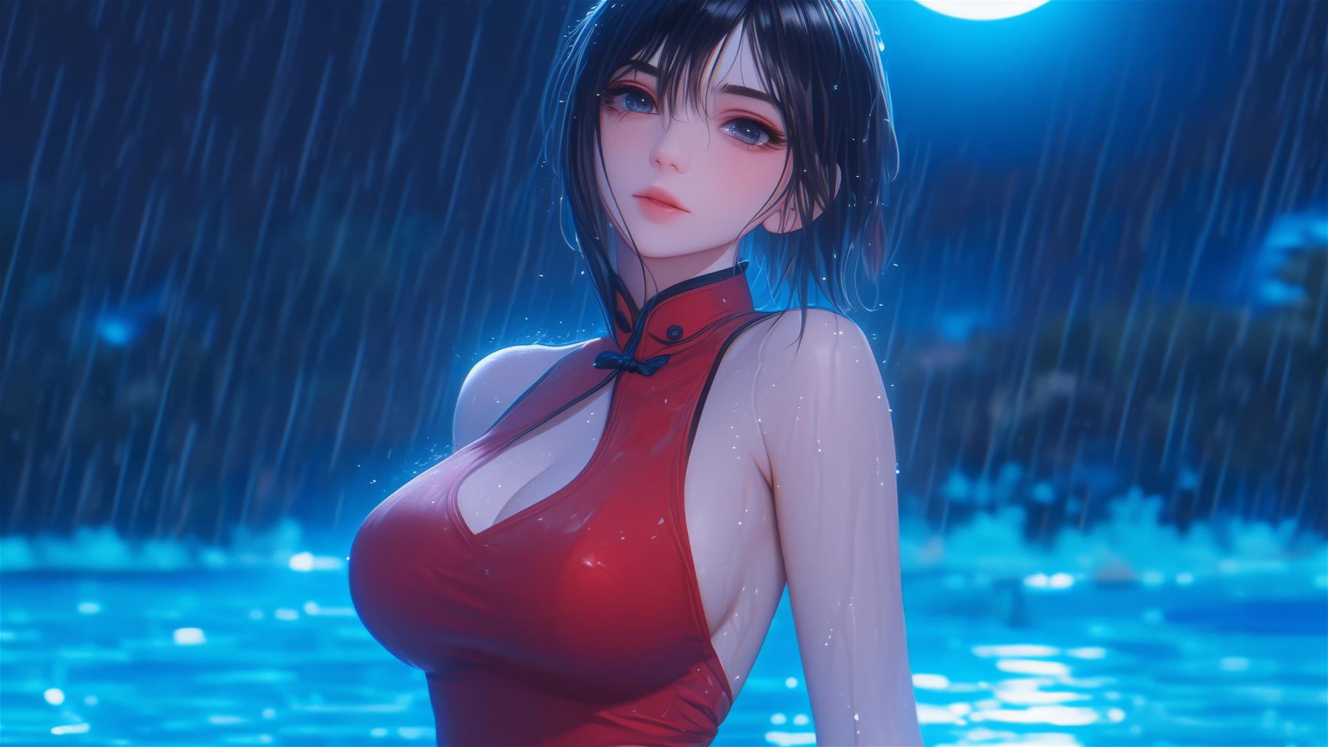 Mikasa Ackerman in red dress standing in a moonlit rainy pool