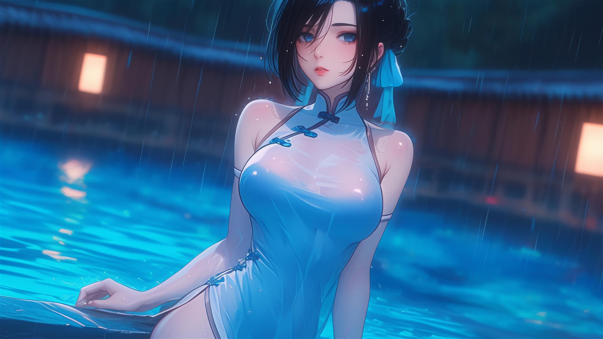 Mikasa Ackerman in a pink dress, standing in a rainy pool under moonlight