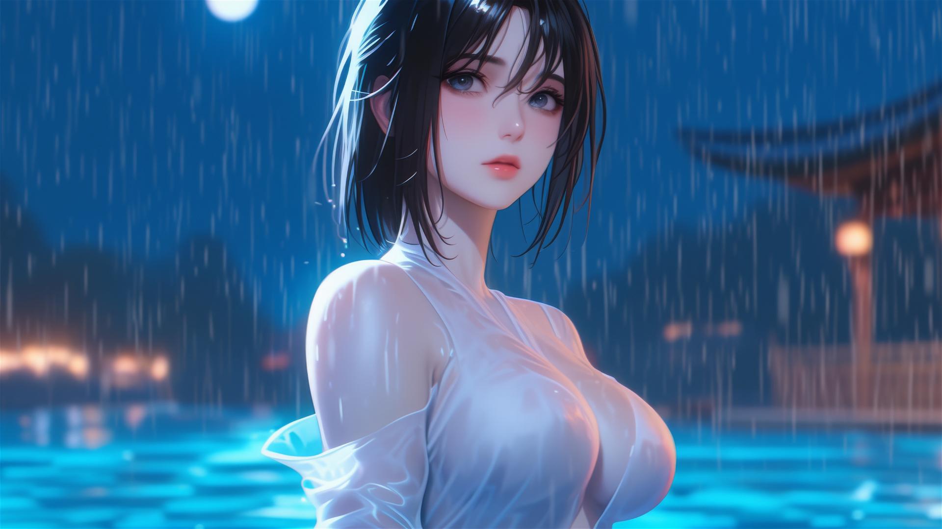 Mikasa Ackerman from Attack on Titan standing in a pool under the moonlight in a pink dress
