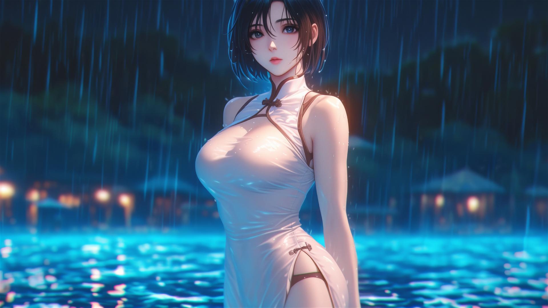 Mikasa Ackerman standing in a rainy pool under moonlight, wearing a pink dress.