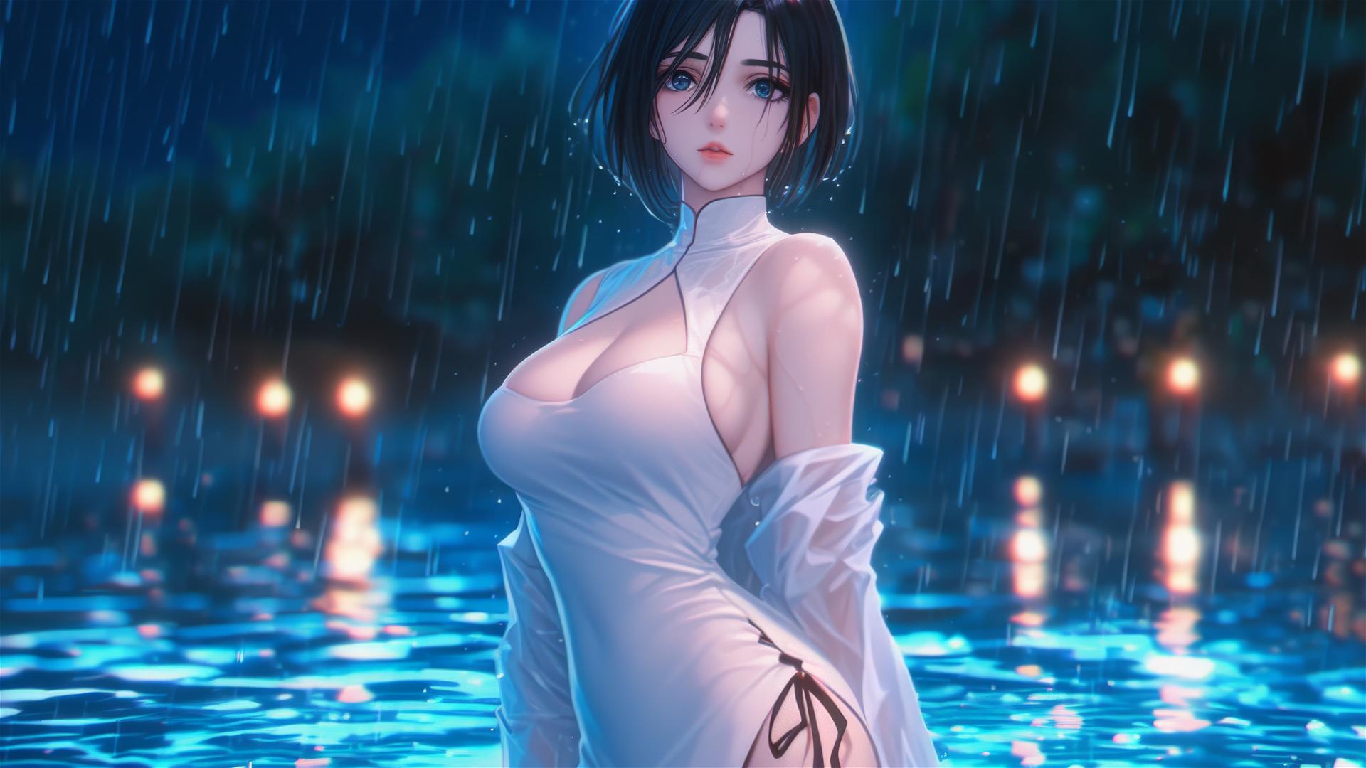 Mikasa Ackerman in rain by pool with moon glow