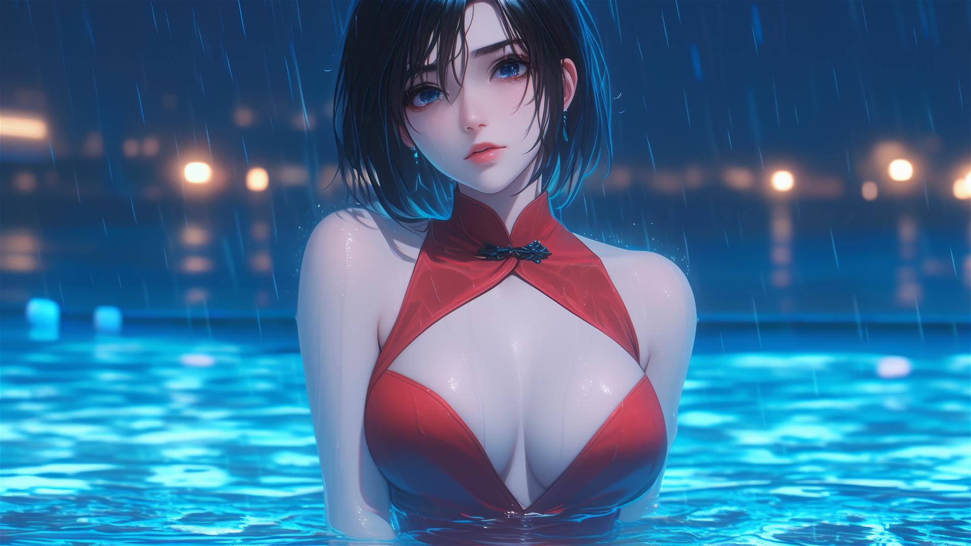 Mikasa Ackerman, rainy pool, moon glow, red dress