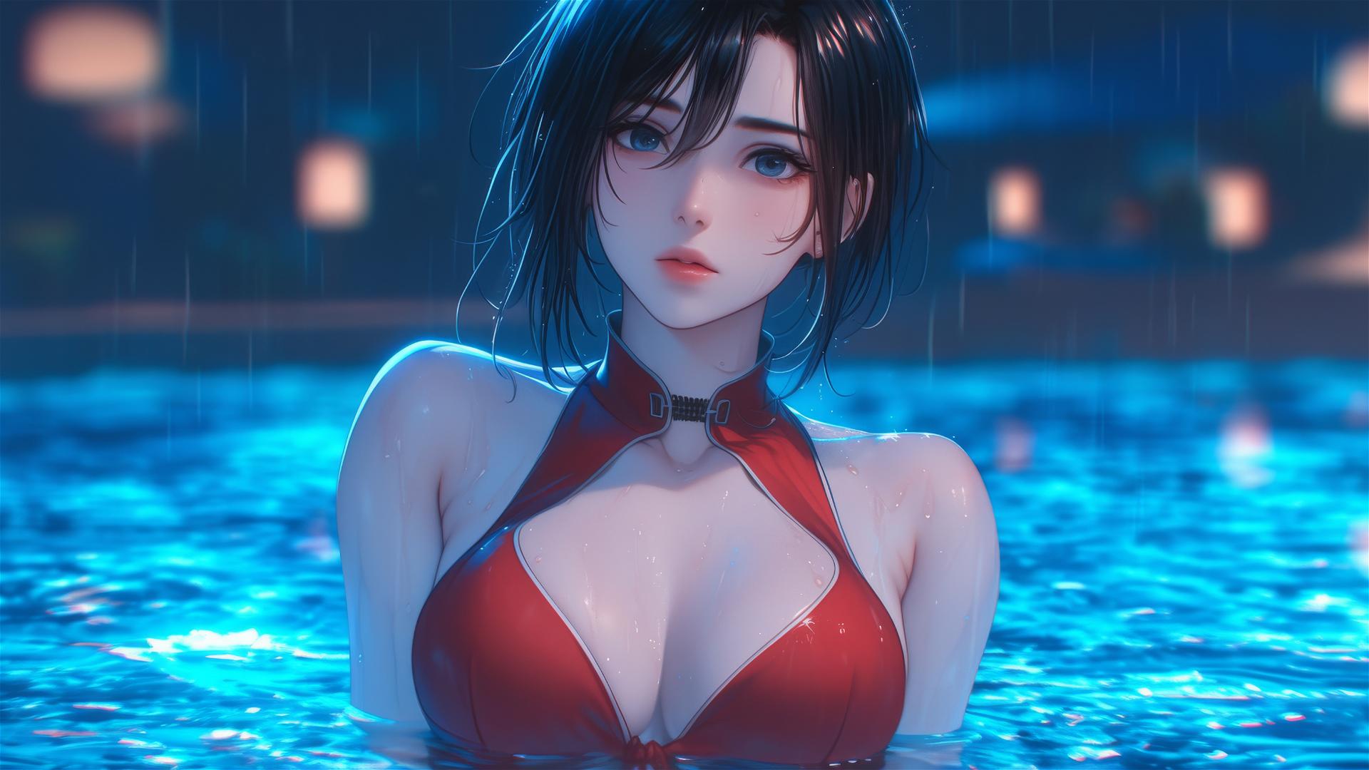 Mikasa Ackerman in rainy pool with moonlight and red dress