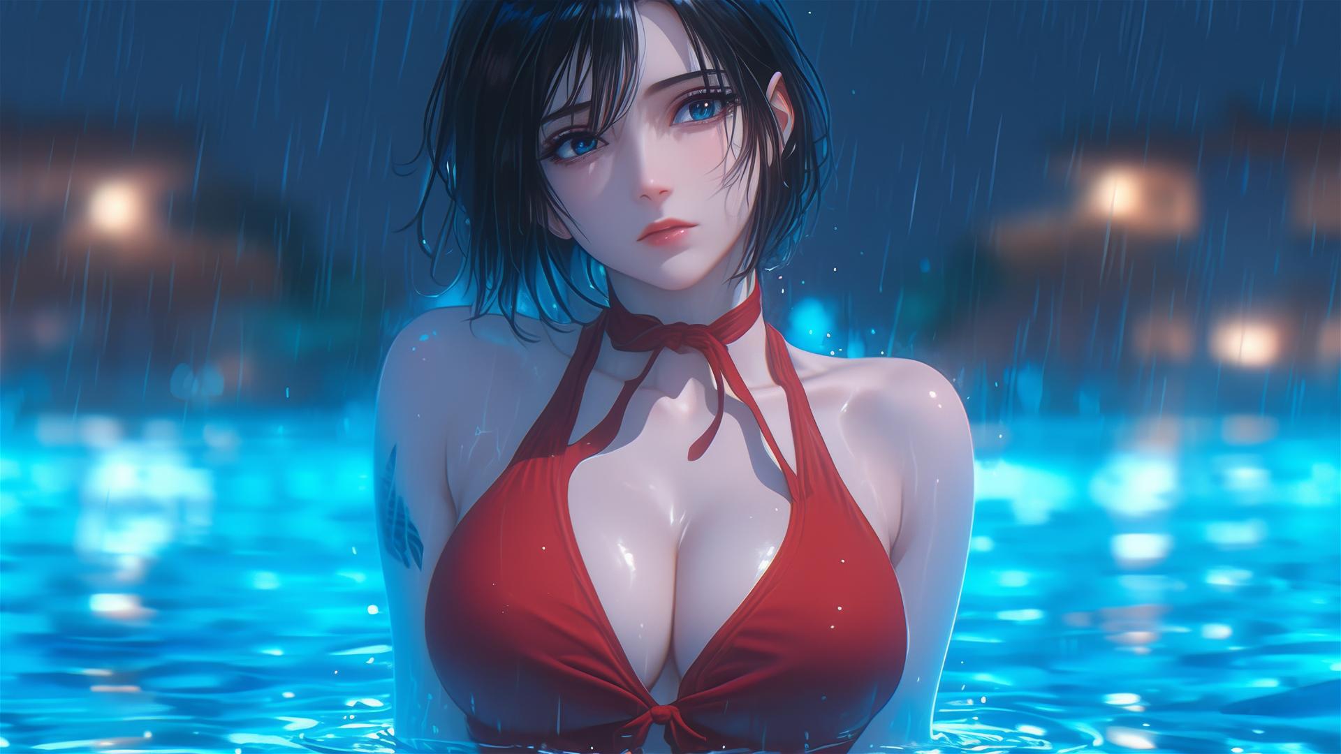 Mikasa Ackerman in a red dress standing in a pool under moonlit rain