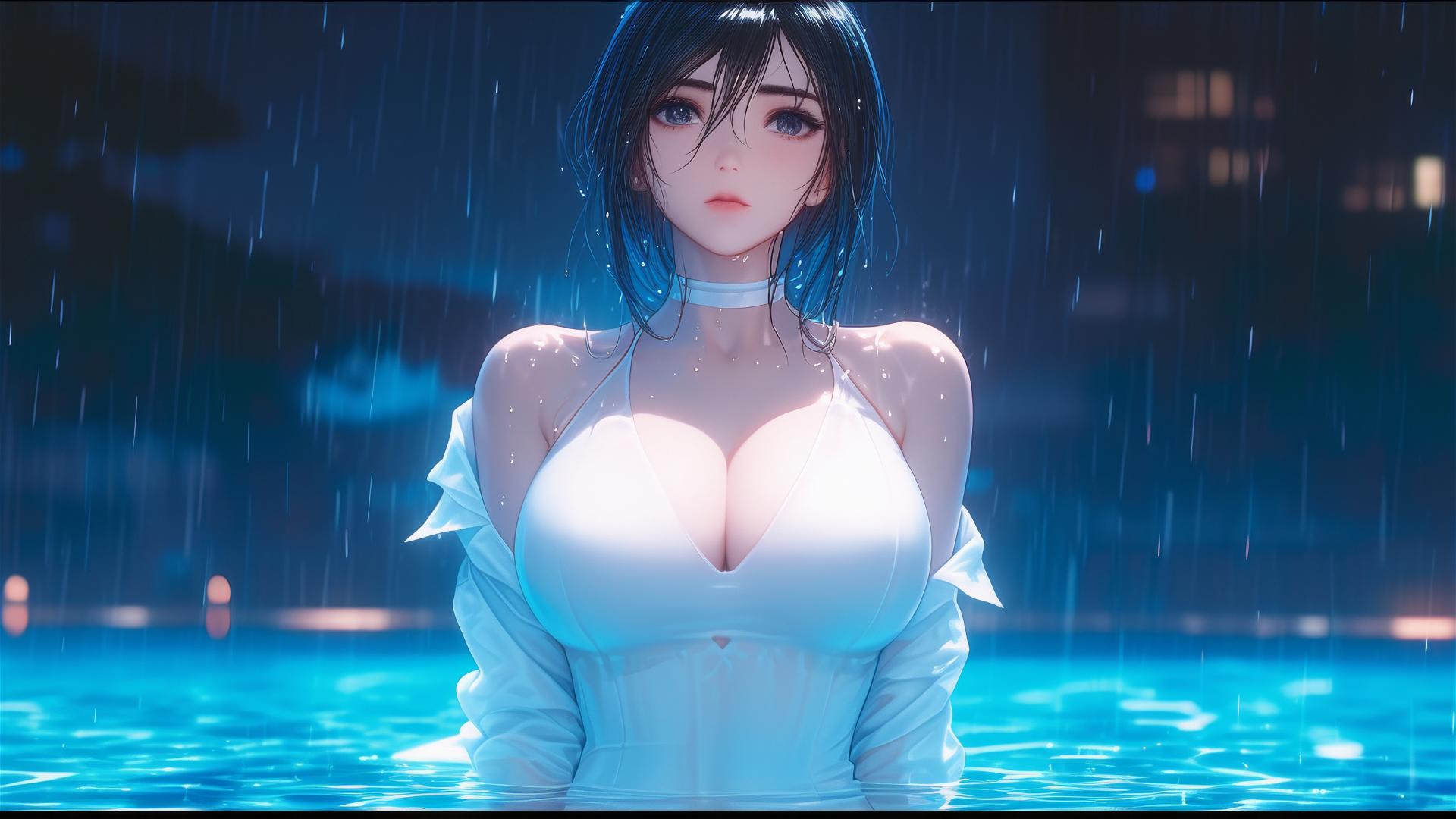 Mikasa Ackerman in a rainy pool with moonlight on her white dress