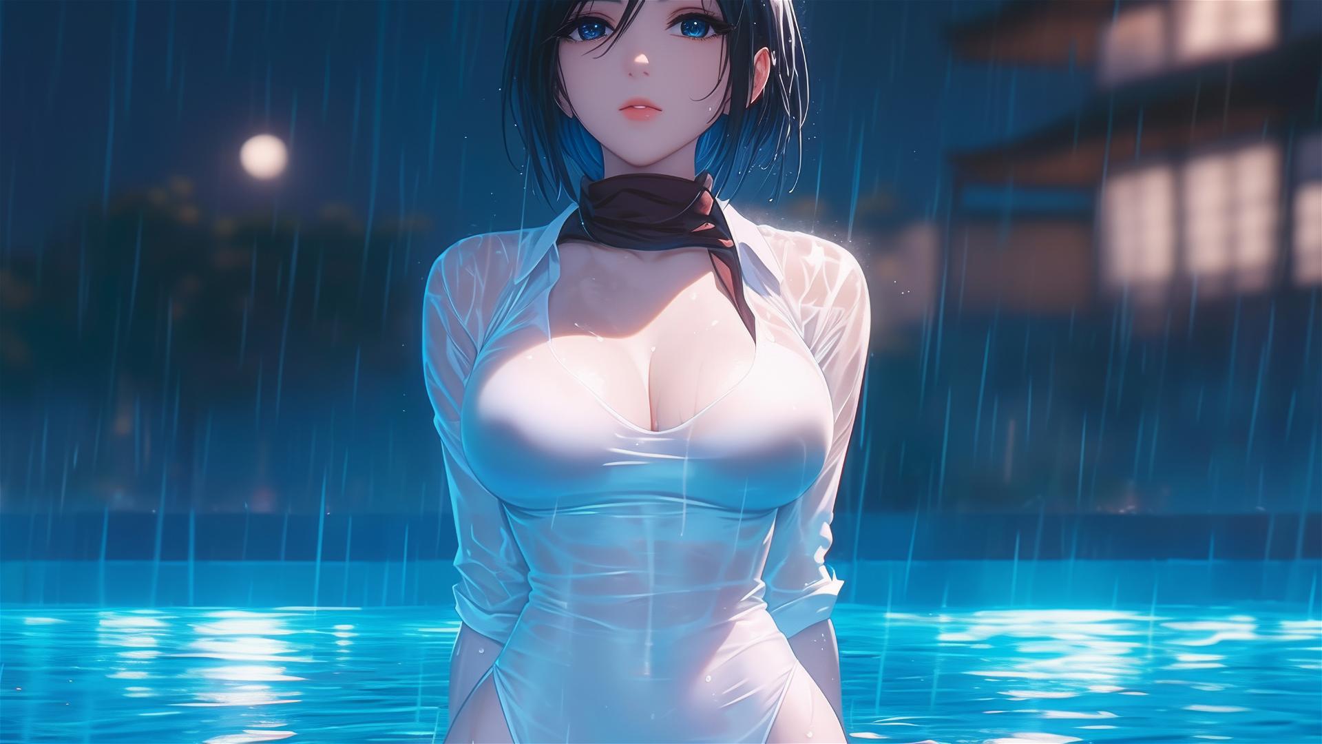 Mikasa Ackerman in a white dress in a moonlit rainy pool