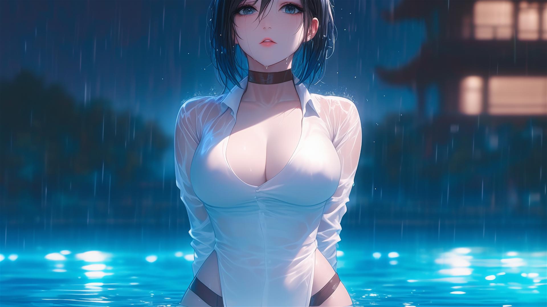 Mikasa Ackerman in white dress standing in a rainy pool under moonlight