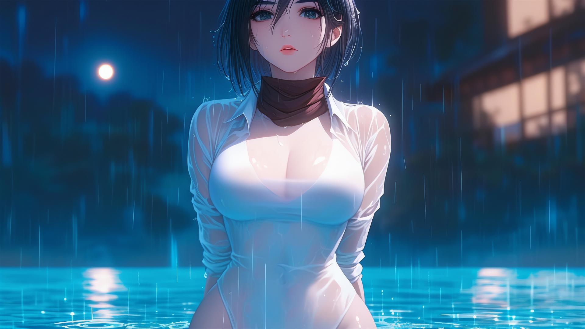 Mikasa Ackerman in a rainy pool with moonlit glow