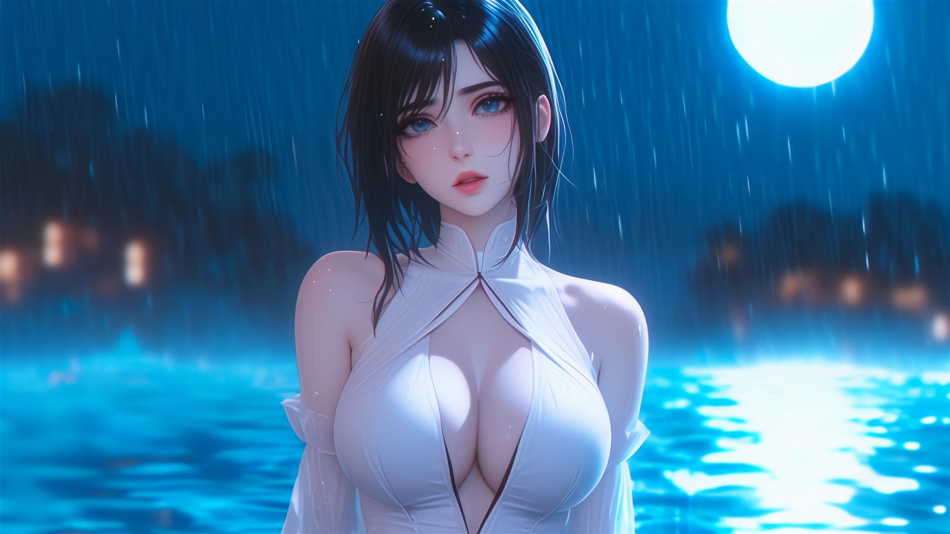 Mikasa Ackerman in a rainy pool with moonlight on her white dress.