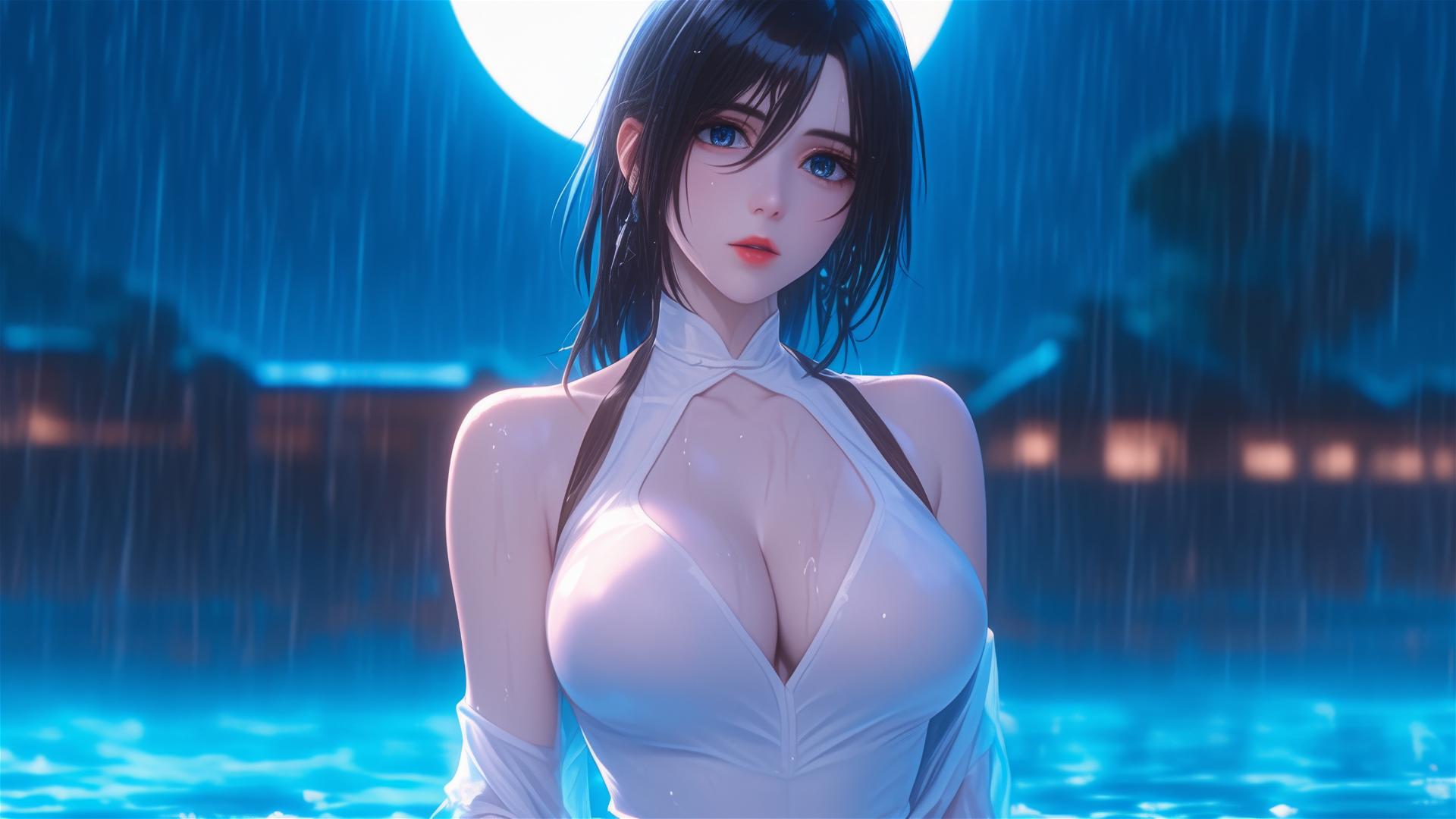 Mikasa Ackerman in rainy pool with moonlight glow
