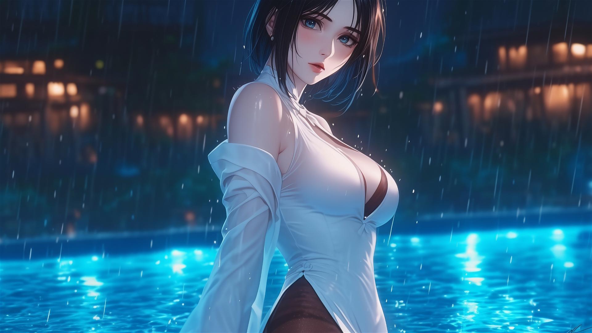 Mikasa Ackerman in pool under moonlight with rain, white dress, short hair