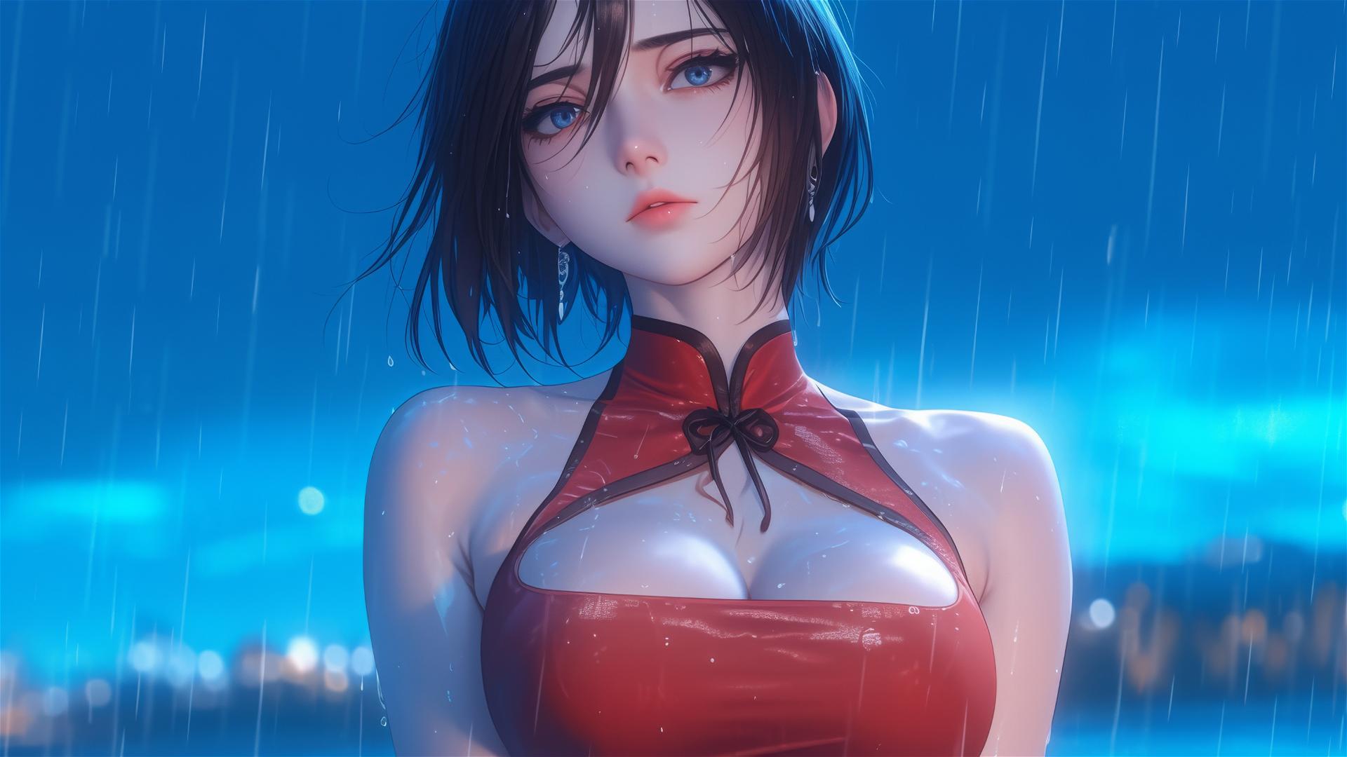 Mikasa Ackerman standing in a pool under the moonlight, rain-soaked in red dress