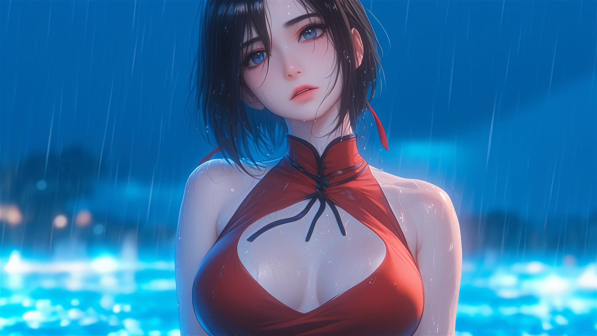 Mikasa Ackerman in red dress, short hair, standing in rainy pool under moonlight