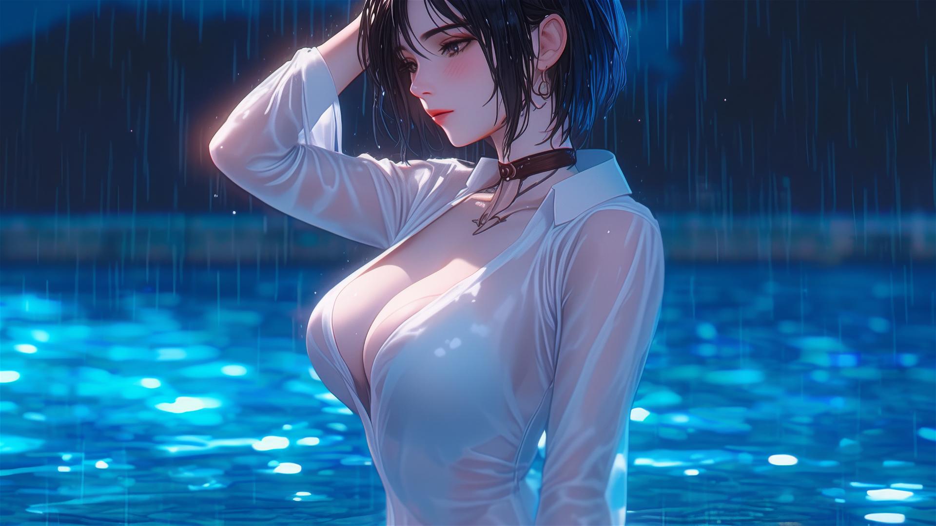 Mikasa Ackerman standing in pool with moonlight reflection, rain