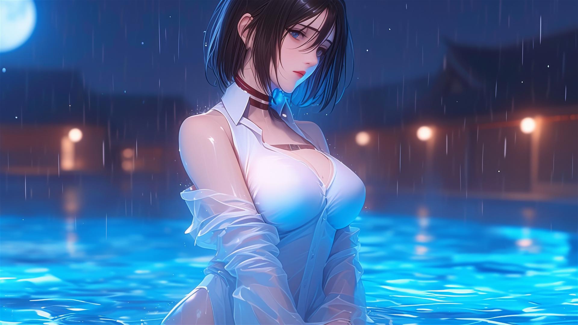 Mikasa Ackerman in rainy pool with moonlight glow, white dress, short hair