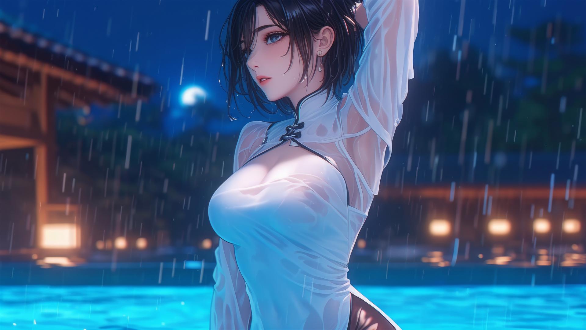Mikasa Ackerman in a rainy pool under moonlight