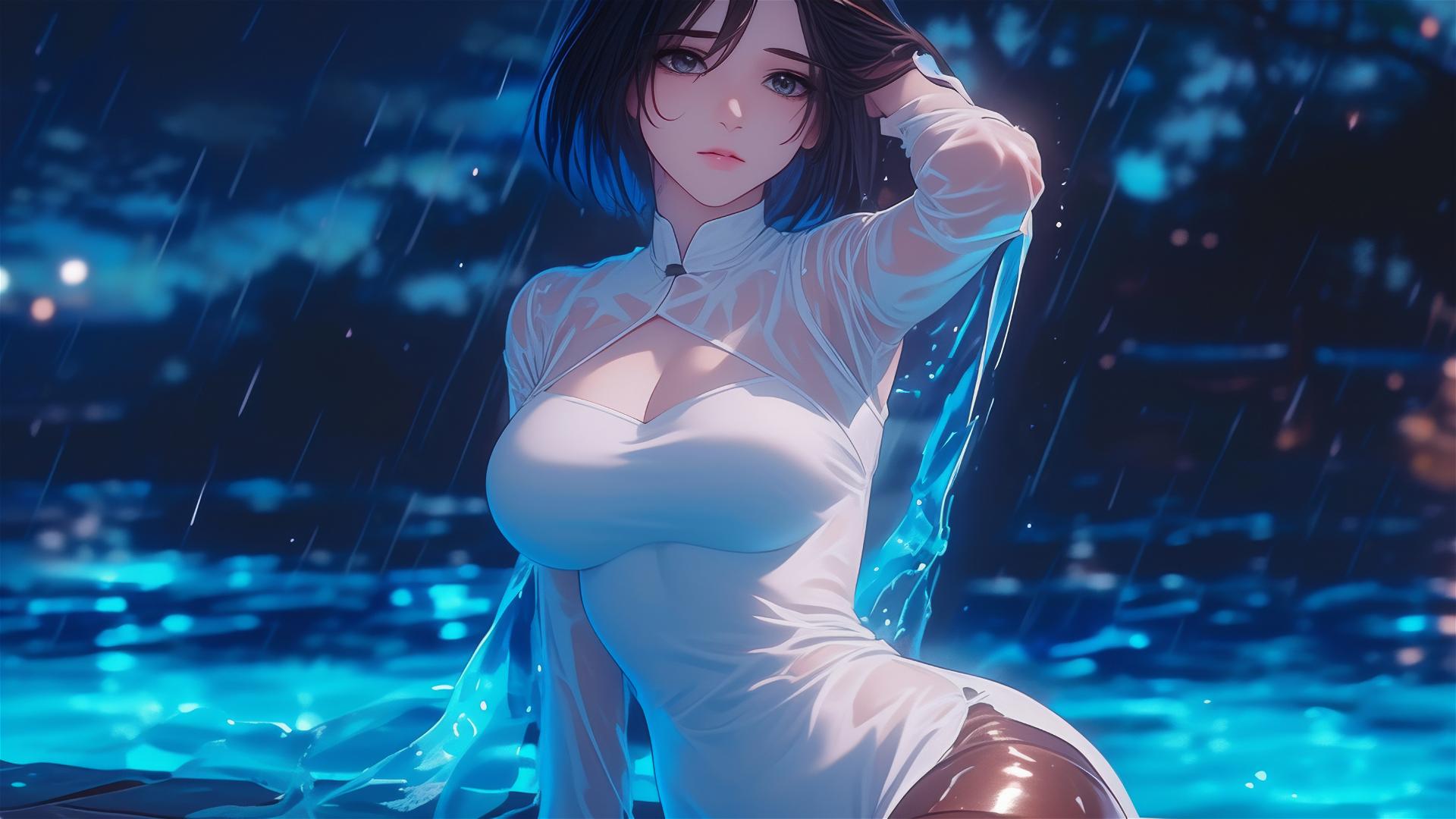 Mikasa Ackerman standing in a pool with moonlight glow, dress and short hair