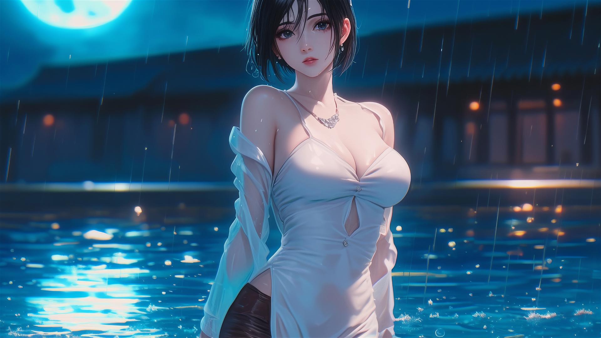 Mikasa Ackerman in a white dress standing in a rainy pool under moonlight