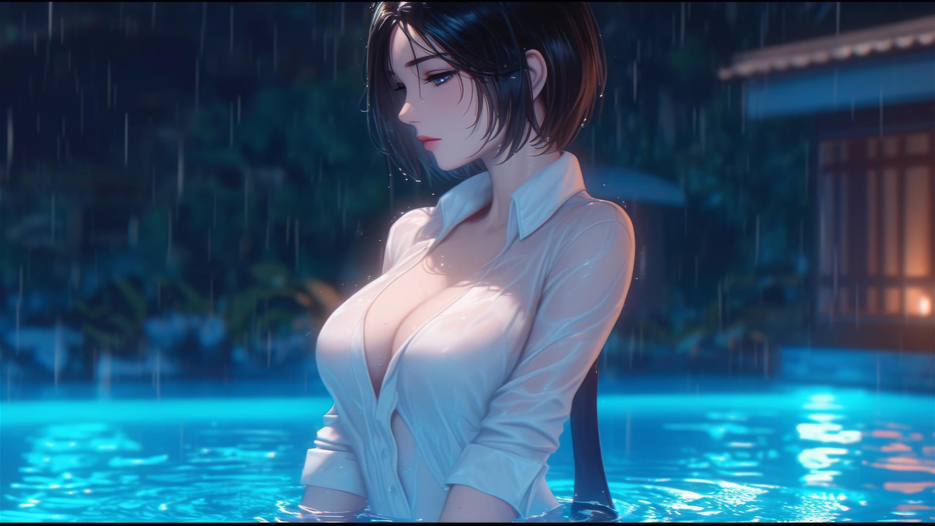 Mikasa Ackerman standing in rain by pool with moonlight on her figure