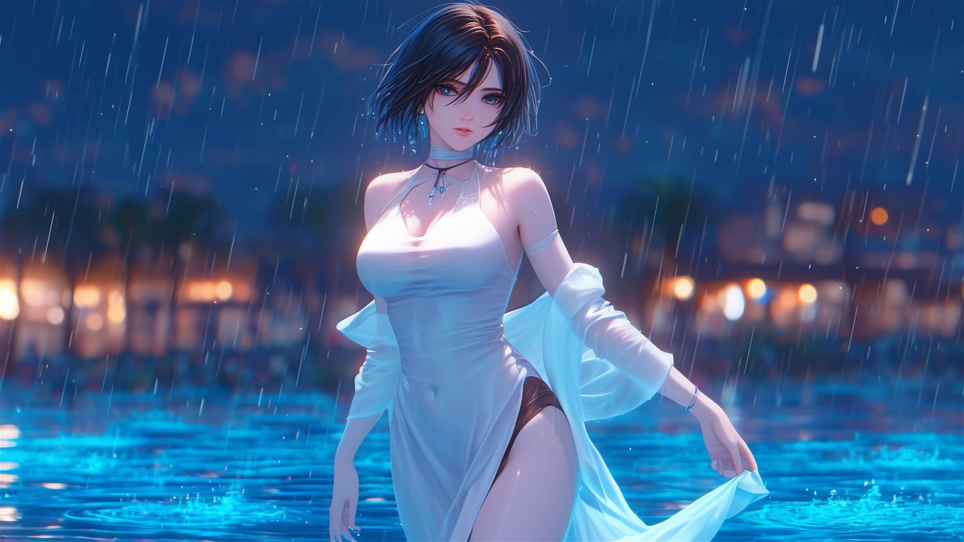 Mikasa Ackerman from Attack on Titan stands in the pool under moonlight