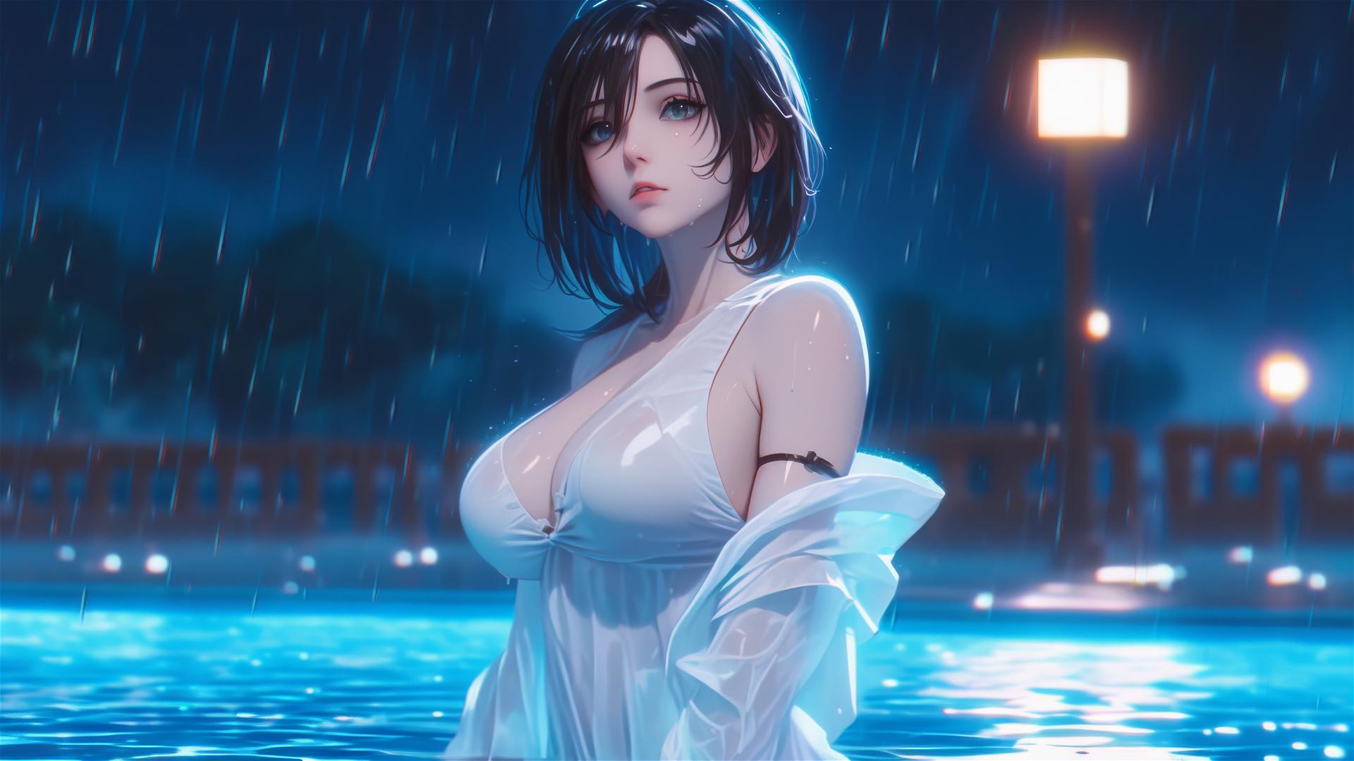 Mikasa Ackerman in rainy pool with moonlit glow