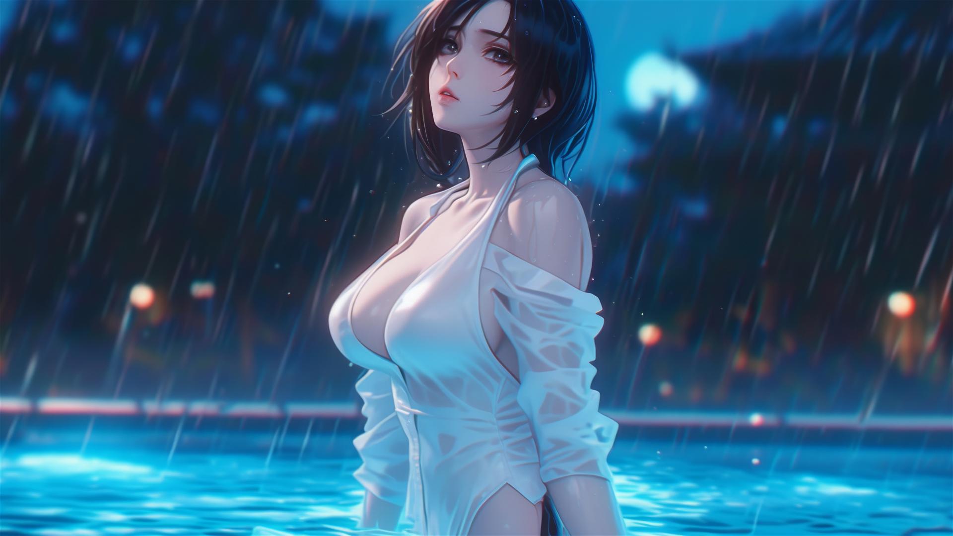 Mikasa Ackerman in rainy swimming pool with moon glow