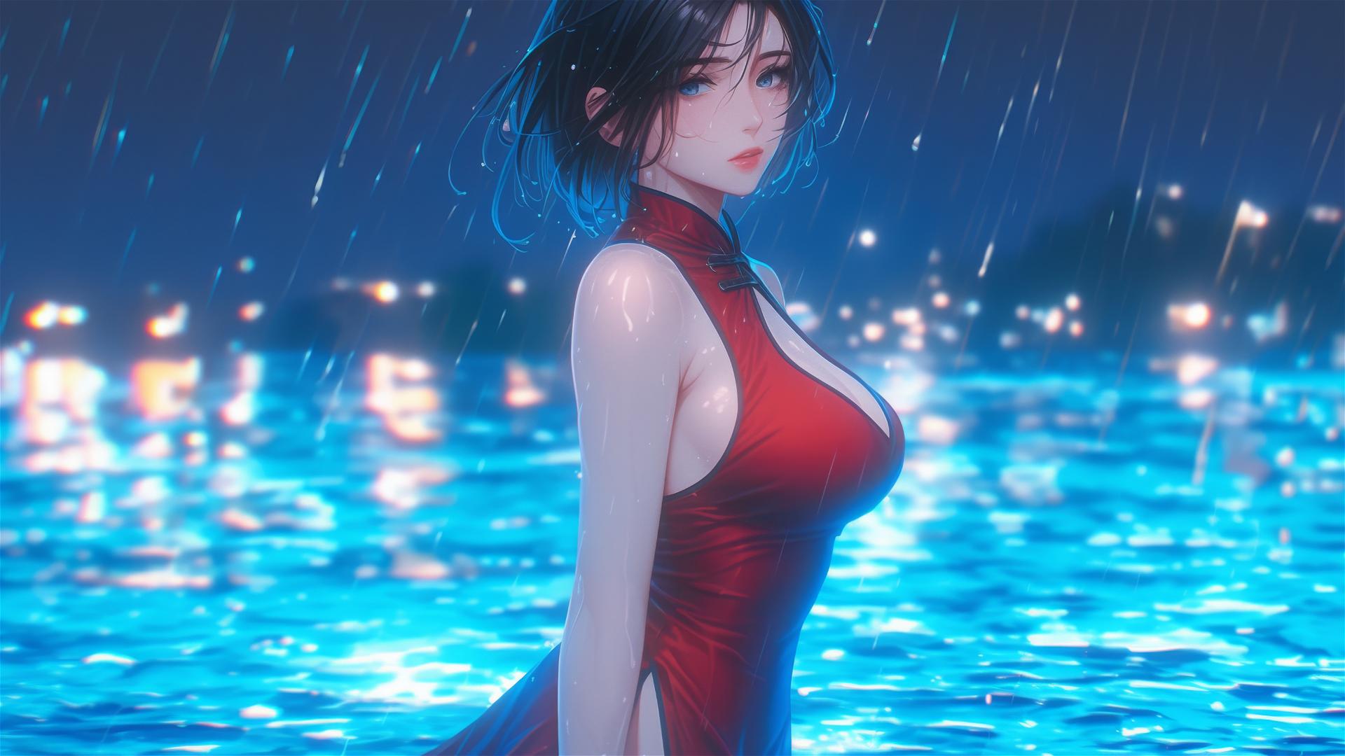 Mikasa Ackerman in red dress, moonlit rainy pool scene