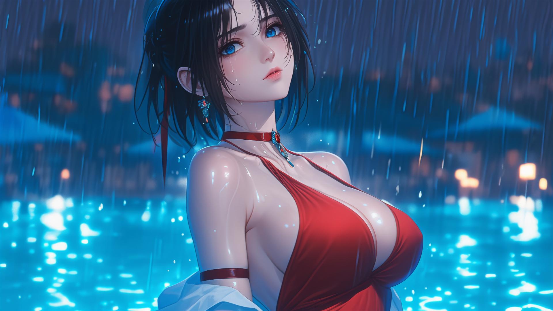 Mikasa Ackerman in red dress under moonlit rainy pool