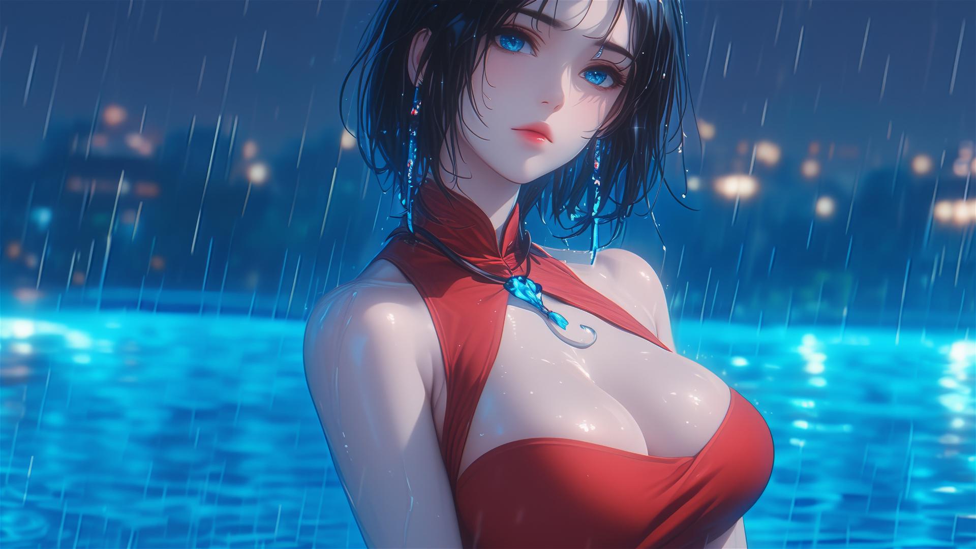 Mikasa Ackerman in a red dress, standing in a rainy pool under moonlight