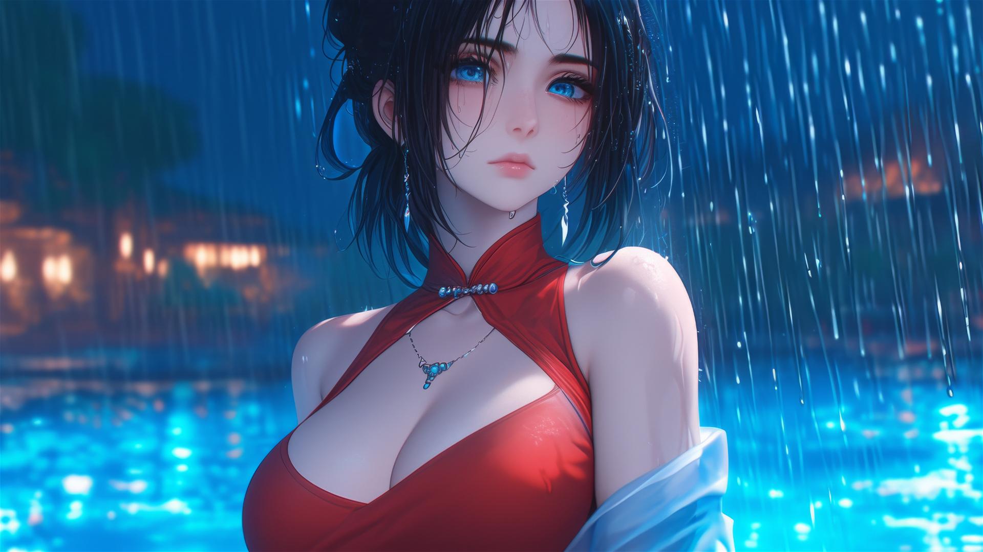 Mikasa Ackerman standing under the moonlight in a red dress, rainy pool