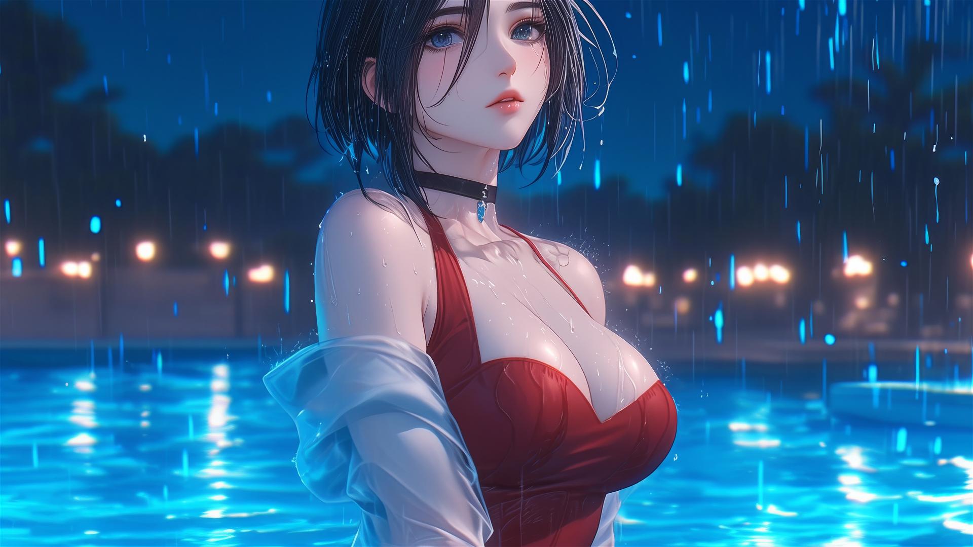 Mikasa Ackerman in red dress standing in rainy pool under moonlight
