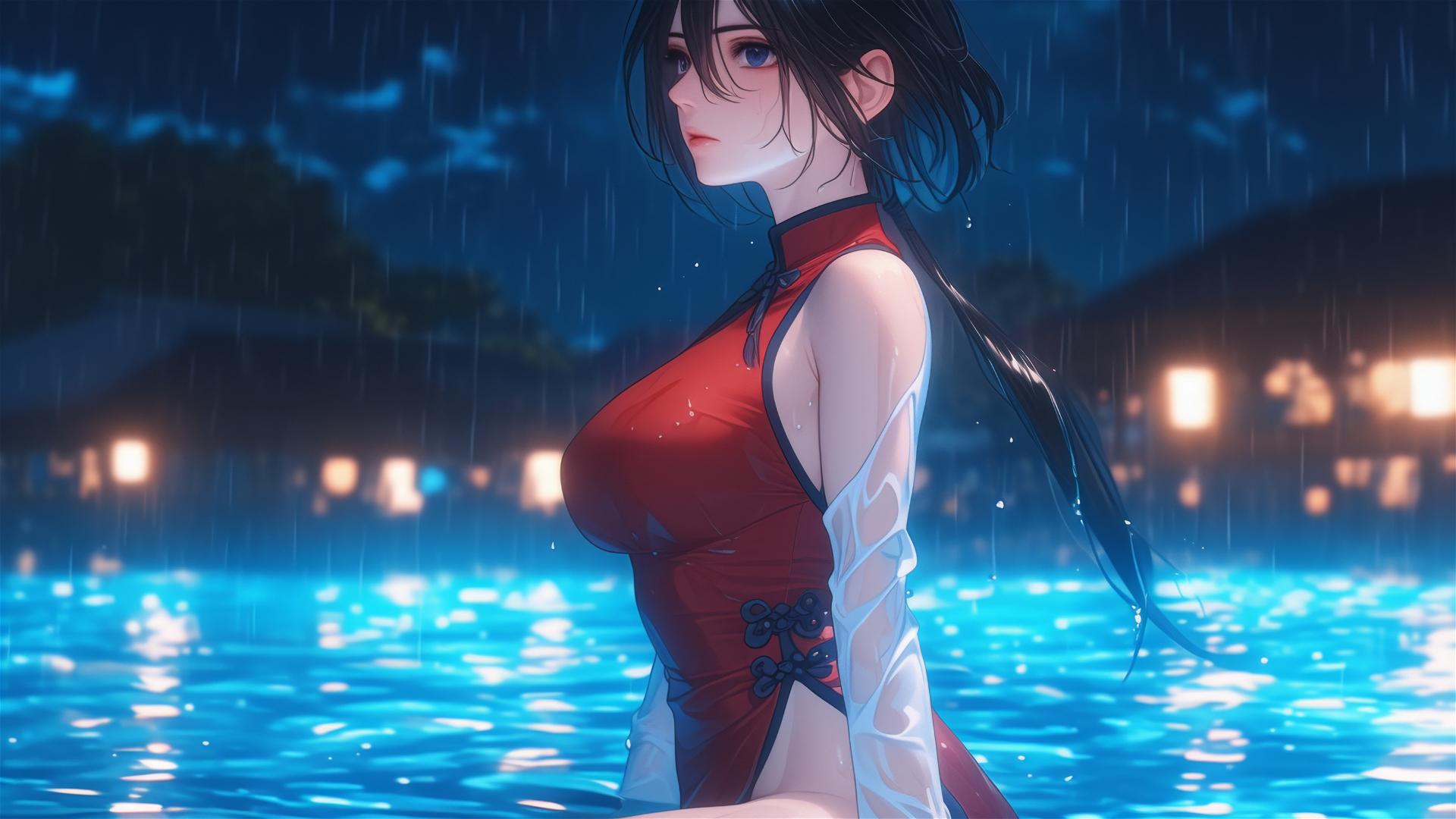 Mikasa Ackerman in a red dress standing in a pool under moonlight