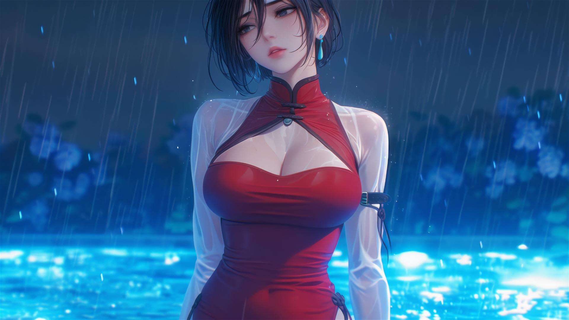 Mikasa Ackerman in red dress standing in a rainy pool under moonlight