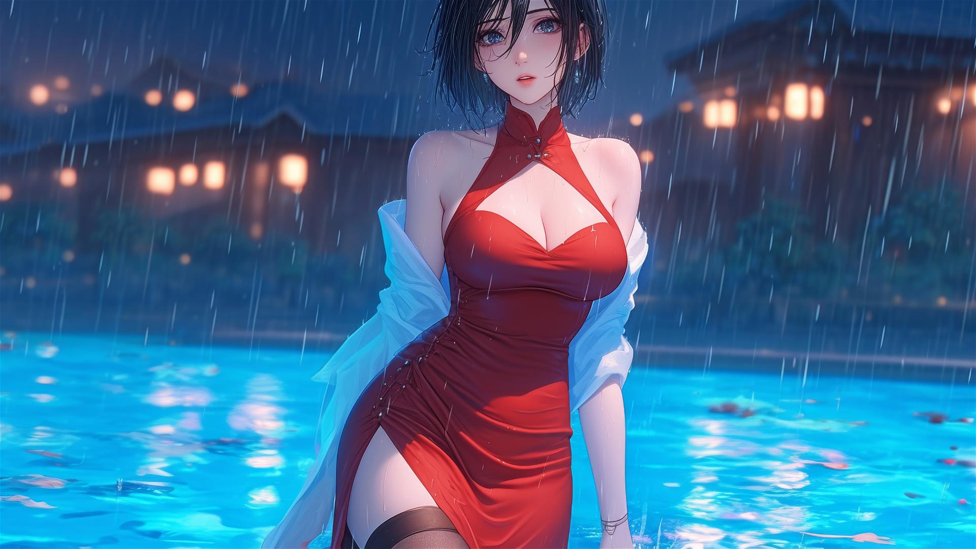 Mikasa Ackerman stands in a pool under the moonlight, rain falling, wearing a red dress with short hair