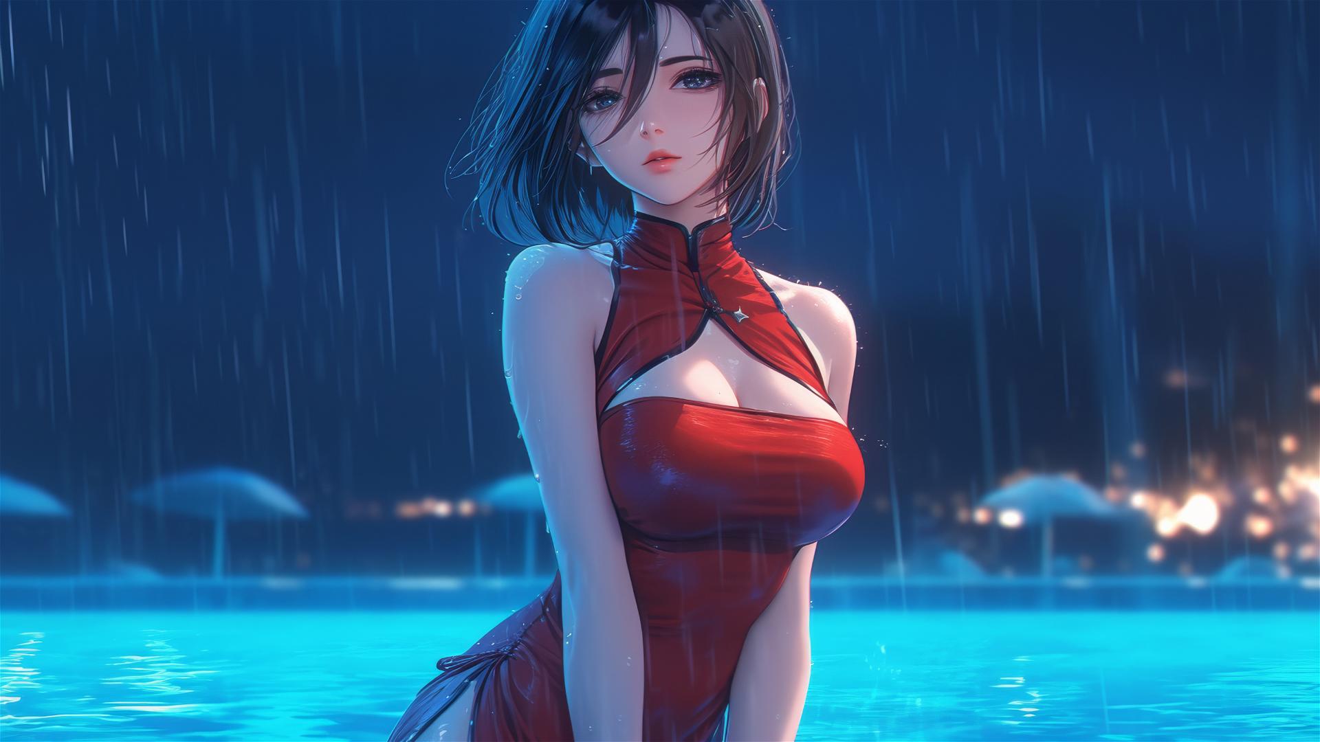 Mikasa Ackerman standing in rain-filled pool, moonlight on red dress