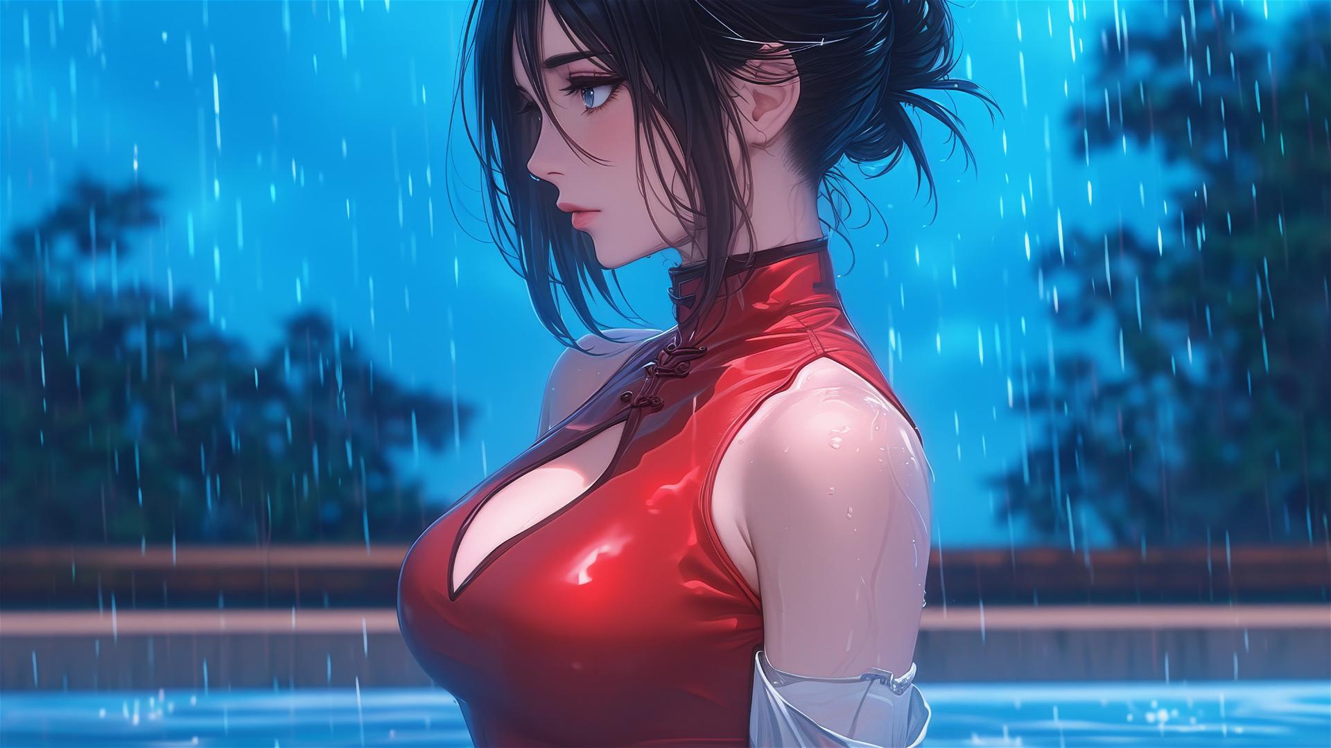 Mikasa Ackerman standing in rain by pool under moonlight, wearing red dress with short hair
