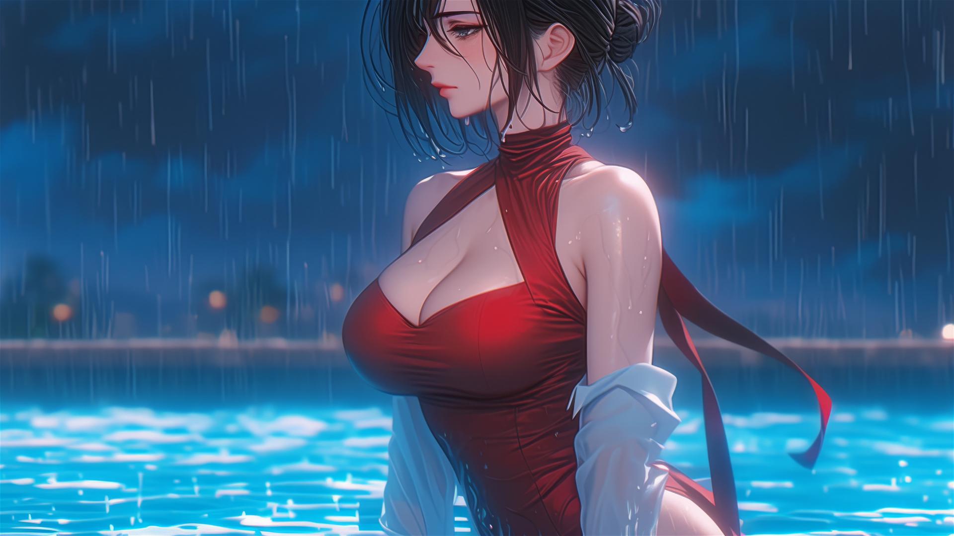 Mikasa Ackerman standing in a rainy pool under moonlight